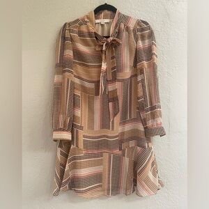 LOFT Pink Tan and Brown Geometric Tie-Neck Long Sleeve Dress
